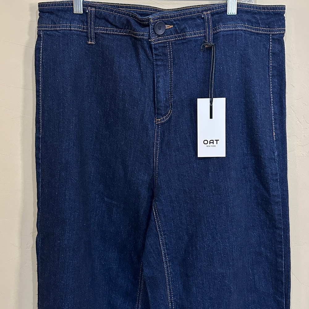 NWT OAT N.Y. Jeans Dark wash blue high rise wide leg raw hem back pockets 16W - Picture 5 of 11